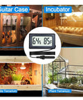 Quad Pack Mini Digital Hygrometer Thermometer With External Probe in guitar case, incubator, and terrarium settings