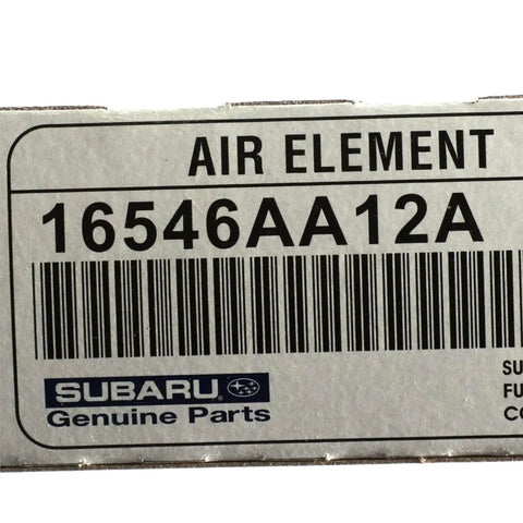 Label on a Subaru Engine Element Air Filter Genuine OEM 16546AA12A box displaying part number and barcode.