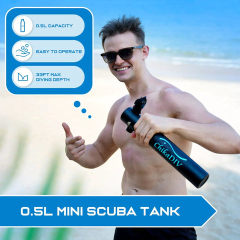 Man holding Ultra Portable Mini Scuba Tank With Pump For Snorkeling And Training, 0.5L Lung Tank on the beach