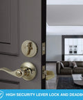 Tustin Series Keyed Alike Entry Lever Lock and Single Cylinder Deadbolt Combo on open door in a living room