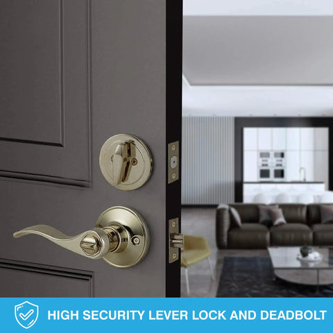Tustin Series Keyed Alike Entry Lever Lock and Single Cylinder Deadbolt Combo on open door in a living room