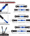 Beefed Up Alloy Front And Rear Suspension Arms With Steering Blocks Caster Blocks Hubs Stub Axle Carriers Turnbuckles And Camber Link Sets In Navy Blue For 1 To 10 Rustler VXL And Stampede VXL 2WD Upgrades shown in various sizes and measurements