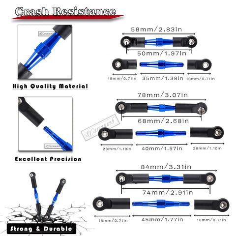 Beefed Up Alloy Front And Rear Suspension Arms With Steering Blocks Caster Blocks Hubs Stub Axle Carriers Turnbuckles And Camber Link Sets In Navy Blue For 1 To 10 Rustler VXL And Stampede VXL 2WD Upgrades shown in various sizes and measurements