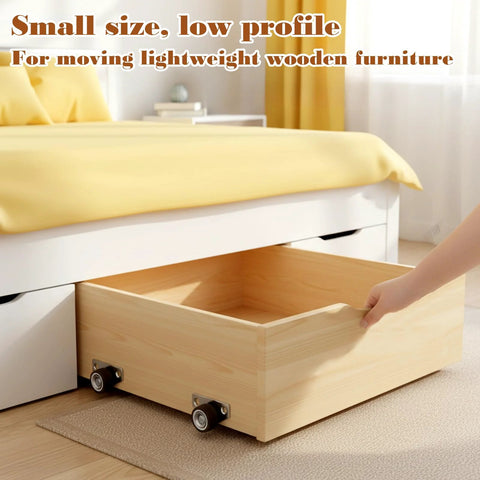 Wood drawer with 4 Piece Mini Side Mount Caster Wheels Set For Furniture And DIY Projects installed, low profile design.