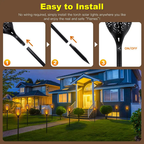 4 Pack 96 LED Solar Tiki Torches With Flickering Flame 43 Inch Tall Outdoor Lights Waterproof For Garden Patio Yard Pathway Halloween Decor Easy Setup Durable Night Lighting That Delivers Realistic Fire Look And Cozy Vibe