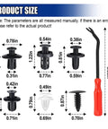 100Pcs Car Bumper Retainer Clips With Fastener Remover Tool Durable Plastic Clip Set sizes and tool shown
