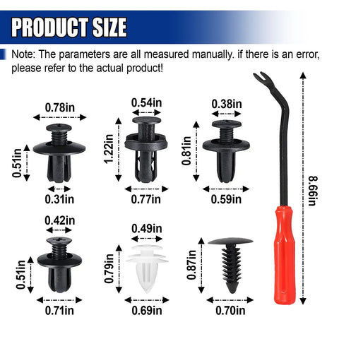 100Pcs Car Bumper Retainer Clips With Fastener Remover Tool Durable Plastic Clip Set sizes and tool shown