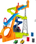 Hot Wheels Spiral Stunt Speedway Race Track Playset With Two Cars For Toddlers 18 Months And Up, featuring tracks, cars, and barrels