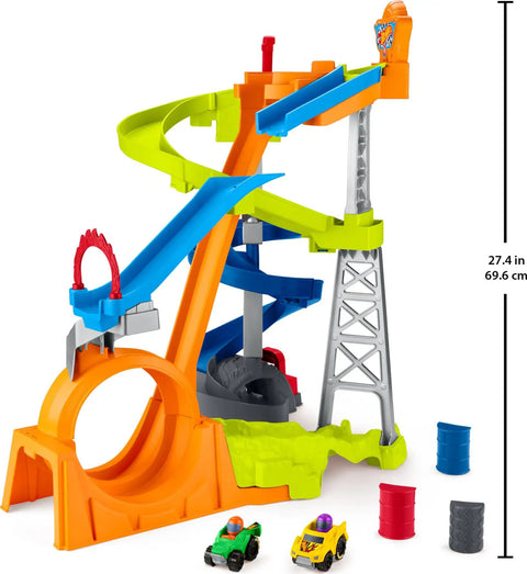 Hot Wheels Spiral Stunt Speedway Race Track Playset With Two Cars For Toddlers 18 Months And Up, featuring tracks, cars, and barrels