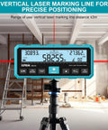 Dual Laser Distance Meter With Bidirectional Laser Emission And Vertical Laser Line Electronic Level Measures In Meters Feet And Inches 393 Feet Range Finder For DIYers Contractors And Pros mounted on tripod showing red vertical line