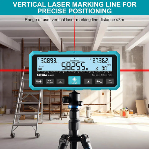 Dual Laser Distance Meter With Bidirectional Laser Emission And Vertical Laser Line Electronic Level Measures In Meters Feet And Inches 393 Feet Range Finder For DIYers Contractors And Pros mounted on tripod showing red vertical line
