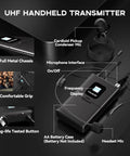 UHF handheld transmitter with cardioid condenser mic, frequency display, full metal chassis, part of 4 In 1 Wireless Lavalier Headset Microphone System With Dual UHF Transmitters, 2 Headset Mics, 2 Lapel Mics, 200 Channels, XLR And 6.35mm Outputs For Church, Teaching, Fitness And Live Presentations