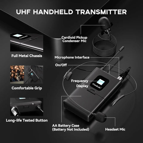 UHF handheld transmitter with cardioid condenser mic, frequency display, full metal chassis, part of 4 In 1 Wireless Lavalier Headset Microphone System With Dual UHF Transmitters, 2 Headset Mics, 2 Lapel Mics, 200 Channels, XLR And 6.35mm Outputs For Church, Teaching, Fitness And Live Presentations
