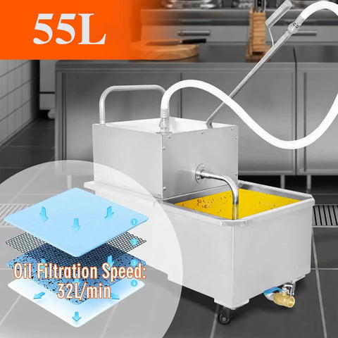Commercial Workhorse Stainless Steel Deep Fryer Oil Filter Machine 55 Gallon Mobile Filtration Cart High Flow Pump with filtration speed.