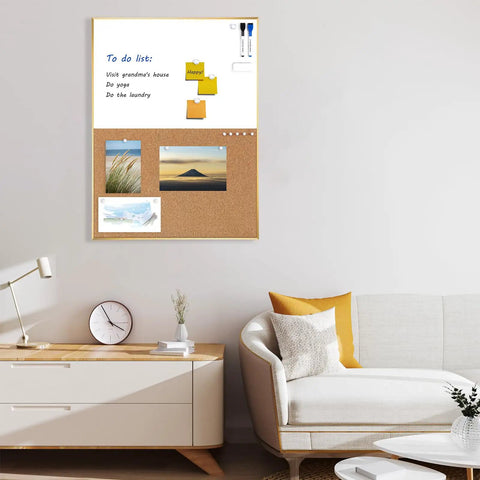 Cork Board Whiteboard Combo with Magnetic Dry Erase Surface and Gold Frame, 24 by 18 Inch, on home office wall