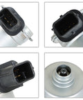 Front view: Clutch actuator with black rectangular electrical connector on metal housing
Side view: Clutch actuator showing black connector and metal body
Close-up: Black rectangular electrical connector on clutch actuator housing
End view: Actuator shaft with gear spline for transmission installation