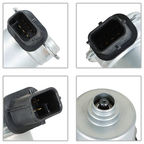 Front view: Clutch actuator with black rectangular electrical connector on metal housing
Side view: Clutch actuator showing black connector and metal body
Close-up: Black rectangular electrical connector on clutch actuator housing
End view: Actuator shaft with gear spline for transmission installation