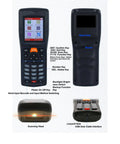 Front and back view of 1D Barcode Scanner Portable Data Collector with 2.2 inch color screen, labeled controls, scanning head, and USB port.