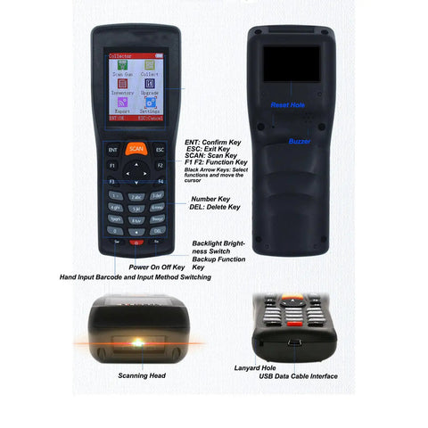 Front and back view of 1D Barcode Scanner Portable Data Collector with 2.2 inch color screen, labeled controls, scanning head, and USB port.