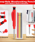 Deep-Hole Woodworking Pencils with 6 refills, built-in sharpener, and clip design for precise marking.