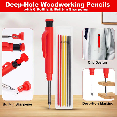 Deep-Hole Woodworking Pencils with 6 refills, built-in sharpener, and clip design for precise marking.