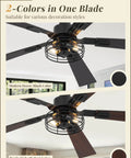 Two Pack Go To Farmhouse Style 48 Inch Ceiling Fans With Lights, Industrial Caged Design, double-sided black blades