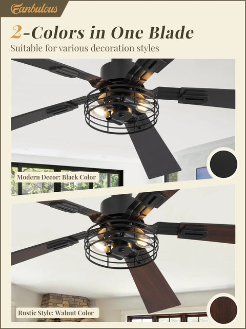 Two Pack Go To Farmhouse Style 48 Inch Ceiling Fans With Lights, Industrial Caged Design, double-sided black blades