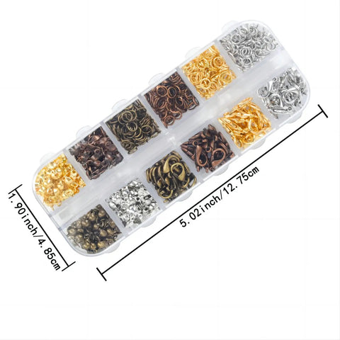 All-In-One Jewelry Making Kit Packed With 720 Pieces Of Findings Including Lobster Claw Clasps, Bead Tips, Knot Covers, Open Jump Rings, And Connectors In 12 Styles shown in a plastic case