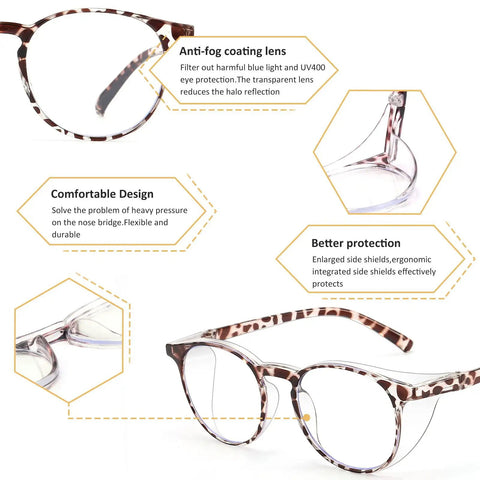 Anti Fog Safety Glasses With Side And Top Shields And Round Frame, Blue Light Blocking Protective Eyewear with tortoiseshell design