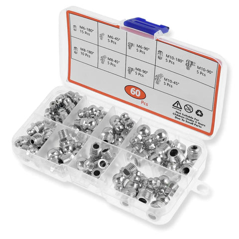 Pro Grade Metric Grease Fittings Kit 60 Pcs Featuring 9 Types Galvanized Zerk Set in plastic organizer box