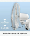 Side view of Two Pack 16 Inch Oscillating Wall Mounted Fans with 90° wide oscillation, showing adjustable tilt and fan direction.