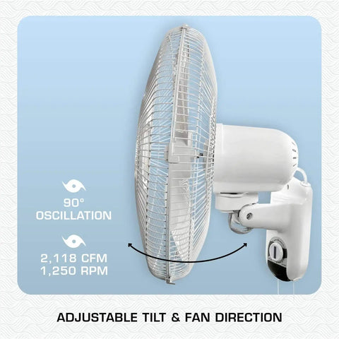 Side view of Two Pack 16 Inch Oscillating Wall Mounted Fans with 90° wide oscillation, showing adjustable tilt and fan direction.