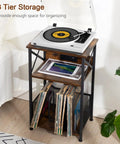 Record Player Stand With Built In Charging Station And Storage Cabinet, 3 Tier End Table For Vinyl Records, Rustic Brown
