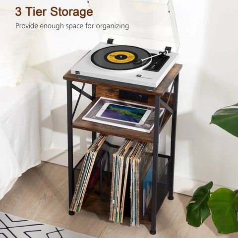 Record Player Stand With Built In Charging Station And Storage Cabinet, 3 Tier End Table For Vinyl Records, Rustic Brown