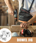 Carpenter using drill with Pro Grade Stainless Steel Dowel Pin Set For Woodworking Alignment And Center Transfer Locator