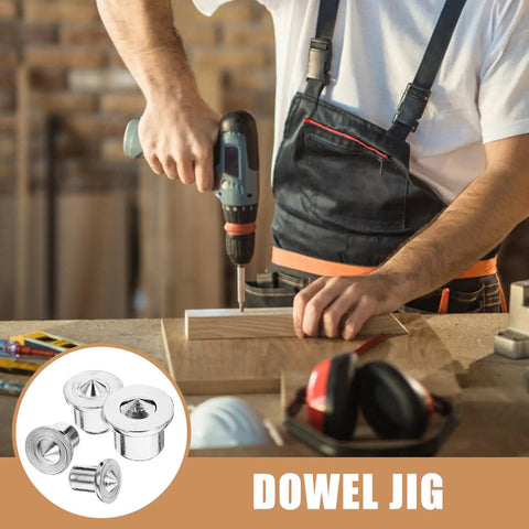 Carpenter using drill with Pro Grade Stainless Steel Dowel Pin Set For Woodworking Alignment And Center Transfer Locator