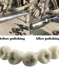 Wool Felt Mini Polishing Brush Wheel Set 60 Pieces 3 Millimeter Shaft Heads For Car Detailing Rotary Tools Drills And Pneumatic Polishers Get A Slick Consistent Finish shown during polishing process with before and after results and brush heads displayed.