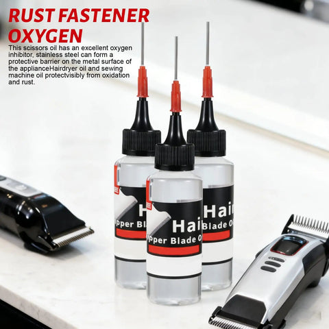 Two Pack Hair Clipper Oil Lubricant For Clippers And Trimmers, bottles on table with clippers, Smooth Glide Formula Keeps Blades Moving