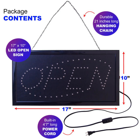 LED Neon Open Sign For Business With Flashing Mode Horizontal LED Sign For Stores Includes Business Hours And Open And Closed Signs Plug In Easy Install With 4.7 Foot Power Cord showing package contents with dimensions and power cord