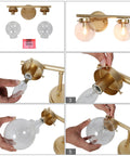 Assembly steps for Two-Light Gold Vanity Light With Clear Globe Glass Shades Over-Mirror Fixture In Hand-Painted Gold Finish