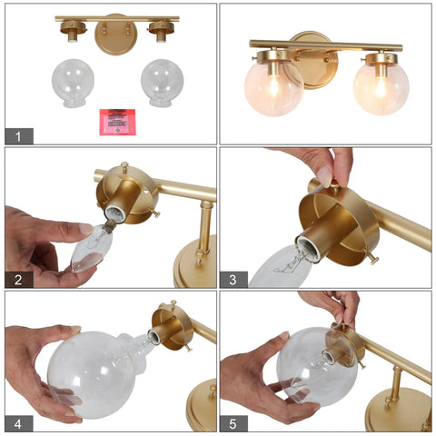Assembly steps for Two-Light Gold Vanity Light With Clear Globe Glass Shades Over-Mirror Fixture In Hand-Painted Gold Finish
