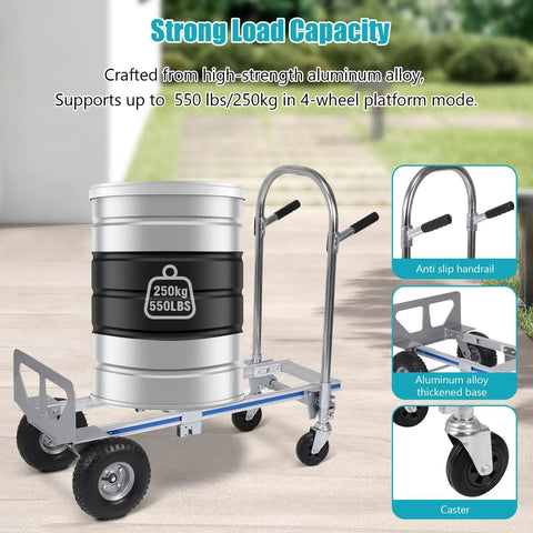 Beefy 3 In 1 Utility Dolly Cart With 550 Lb Capacity Heavy Duty Aluminum Frame Industrial Grade Convertible Cart For Moving Appliances Furniture And Luggage In One Handy Tool, 4-wheel mode with barrel