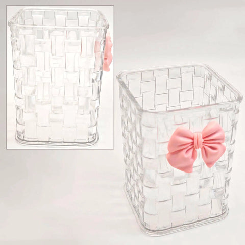 Clear White Acrylic Desk Pen And Makeup Brush Holder With Woven Texture Bow Accent, Must Have Stylish Caddy For Office Home School Kitchen, Keeps Pens Pencils Brushes Organized And Looking Sharp
