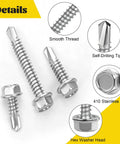 Self Tapping Screws Assortment Kit For Metal, 170-Piece Set In 410 Stainless Steel With Hex Washer Head details view