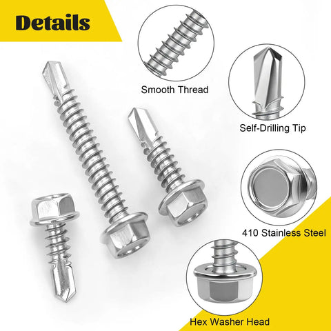 Self Tapping Screws Assortment Kit For Metal, 170-Piece Set In 410 Stainless Steel With Hex Washer Head details view