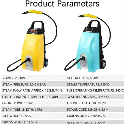 CUTPOIY 2500W High Pressure Steam Cleaner, 40s Fast Heating, 3.5L Portable Steamer with yellow and blue versions, shown with specs.