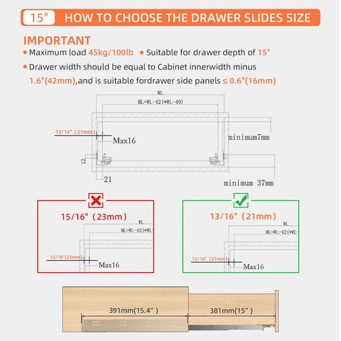 Diagram showing measurements for 15 Inch Soft Close Undermount Drawer Slides Full Extension 80 Lb Heavy Duty Concealed Rails.