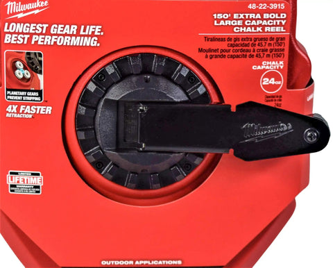 Close-up of Extra Bold 150 Ft Large Capacity Chalk Reel with Planetary Gear System, showcasing 4 to 1 retraction and 24 oz chalk capacity.