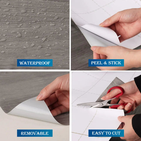 Gray Wood Grain Contact Paper 24x200 Self Adhesive Peel And Stick For Cabinets showing waterproof, peel & stick, removable, easy to cut features.