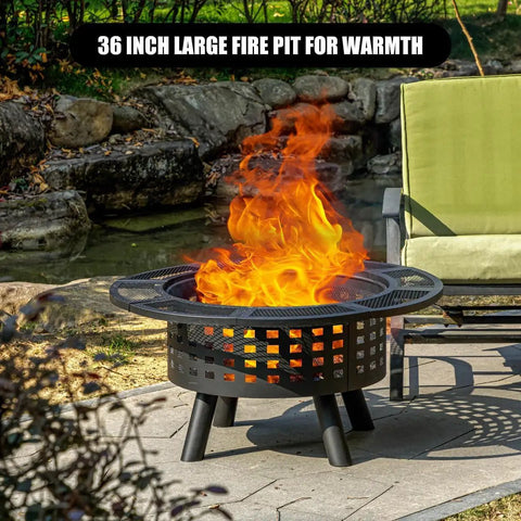 36 Inch Outdoor Fire Pit With Grill And Lid Wood Burning Fire Pit Table 3 In 1 Metal Fire Pit in Jet Black with flames